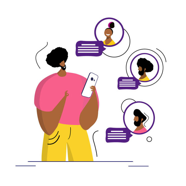 Виртуальный чат и переписка. Связь между людьми через сеть на смартфоне. Плоская векторная иллюстрация