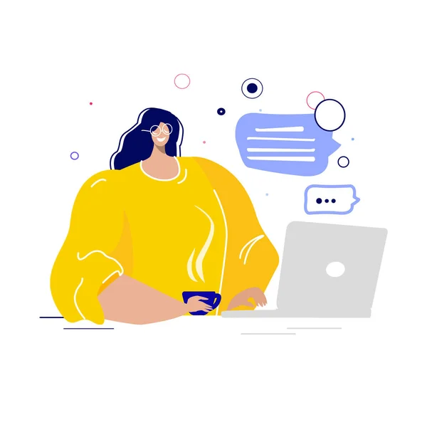 Young woman in yellow in virtual chat and correspondence. Communication between people through network on the laptop. Involved in online communication. Virtual chat and correspondence. Communication between people through network on the smartphone. F