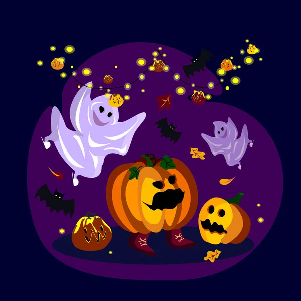 Luminoso Biglietto Auguri Halloween Illustrazione Creativa Con Fantasmi Divertenti Zucche — Foto Stock