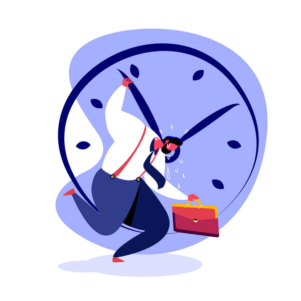 Ошеломленный работник спешит на встречу, спешит воплотить в жизнь свою бизнес-идею, несёт чехол атташе и держит стрелку часов, чтобы остановиться. Уставший работник. Плоская векторная иллюстрация