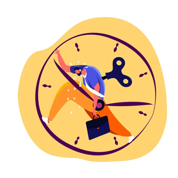 Overwhelmed employee trying to overcome his challenge, Rushing to Implement His Business Idea, Carrying his attache case and holding clock hand to stop. Exhausted worker. Flat vector illustration