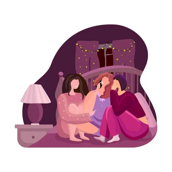 Cute funny girlfriends on a pajama party. Set with cute gossiping girls. Girls met each other to share secrets. Festive warm atmosphere of home interior. Trendy fashion illustration in sketch style.