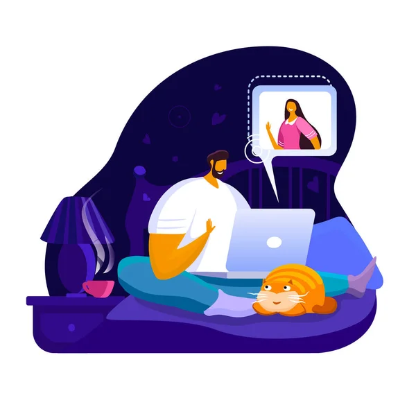 Young man talking to his darling beloved girfriend using laptop sitting on bed. Relationship in the distance and Internet Virtual chat correspondence online conversation icons Flat vector illustration