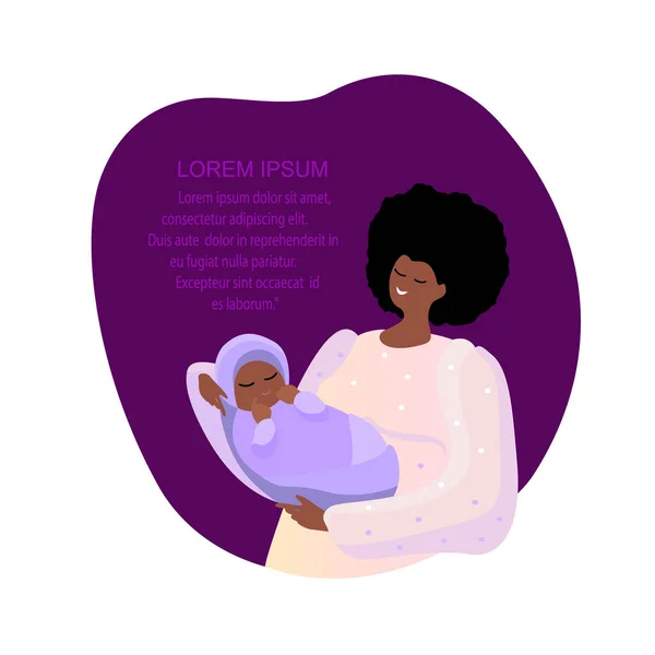 Happy Afro woman holding her newborn baby caring and nursing him in hands Motherhood concept Mom and child week banner happy mother day clip art Postpartum rehabilitation and support Flat illustration