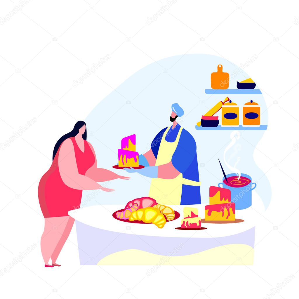 Bakery shop. Confectioner selling a big cake with an berry cream and making confections. Flat cartoon colorful vector illustration for advertising, cafe windows, stickers, invitation to cooking courses