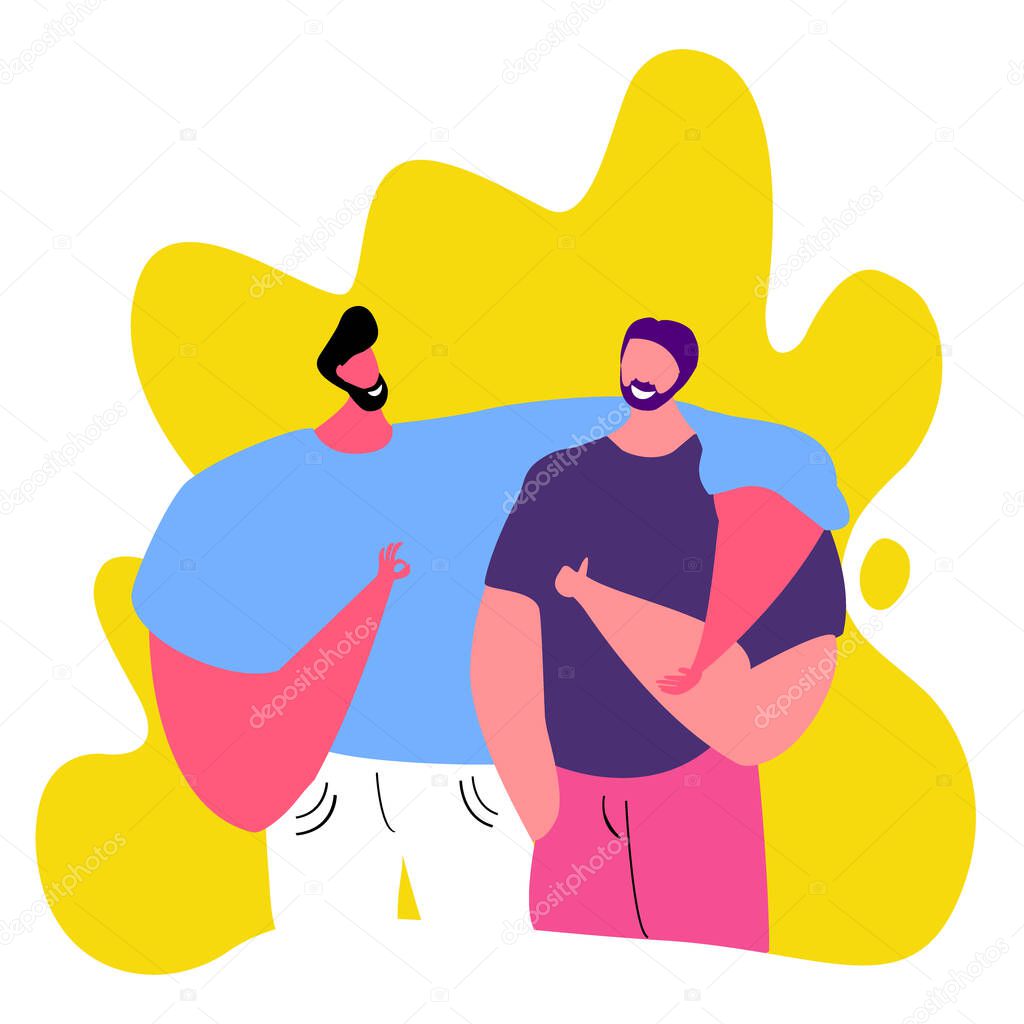 Two happy men hug each other. Modern bright flat style card for blogs and social media. Motivation and inspiration illustration for invitations, greeting cards, prints, posters. Vector flat illustration
