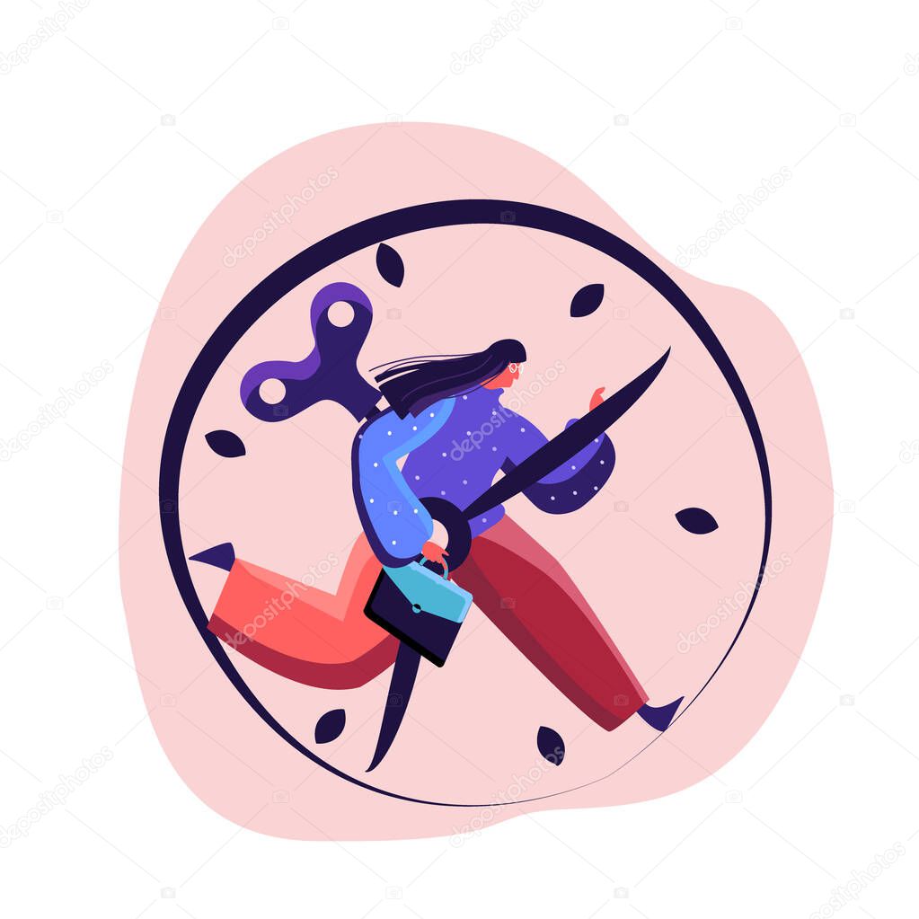 Overwhelmed businesswoman is in a hurry being late for meeting, Rushing to Implement her Business Idea, Carrying hes attache case and holding clock hand to stop. Exhausted worker. Flat illustration