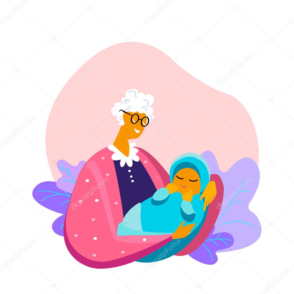 Happy grandmother holding her newborn baby caring and nursing him in hands. Motherhood concept. Adopted child by an oild woman week banner, happy mother day clip art. Rehabilitation and support