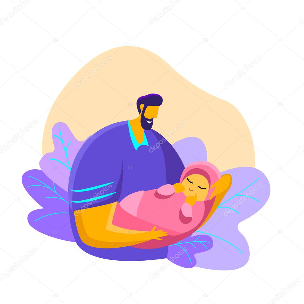 Happy father holding his newborn baby caring and nursing him in hands. Fatherhood concept. Dad and child week banner, happy father day clip art Postpartum rehabilitation and support. Flat illustration