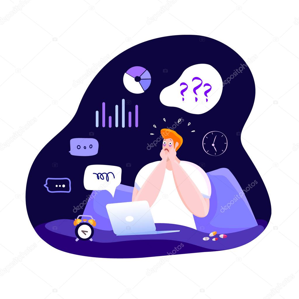 Man worried with insomnia or nightmare sitting in bed at night bedroom scared because of panic attack Sleepless male sick person awake with tired sadness face anxiety attack Flat vector illustration