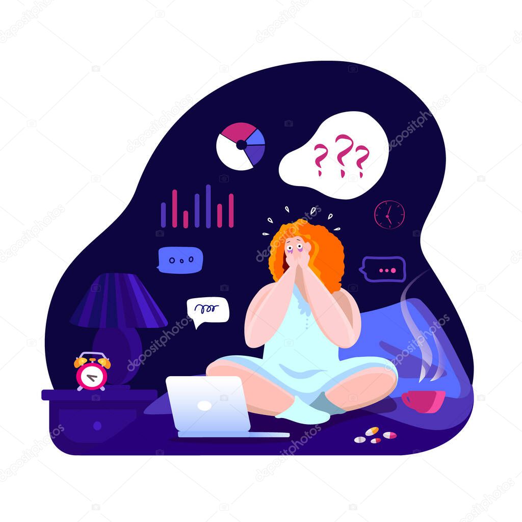 Worried woman with insomnia or nightmare sitting in bed at night bedroom scared because of panic attack Sleepless female sick person awake with tired sadness face anxiety attack Vector illustration