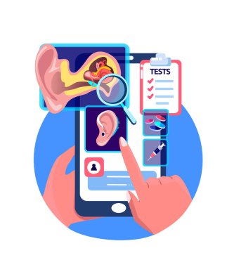 Audiologist ENT-Diagnostik. Otitis Enflamasyonu, Kulak Ağrısı. Dokunmatik Ekran Mobil Uygulama. Ameliyathane. İnternet Teşhisi. Düz Vektör İllüstrasyonu