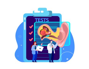 Audiolog Profesörler ENT-Doctors Examine Testler, Analiz, Kulak Yapısı. Otitis Inflammation, Kulak Ağrısı. Araştırma, Klinik Soruşturma. Tıp Konseyi Teşhisi. Vektör İllüstrasyonu
