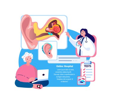 Çevrimiçi Odiyolog ENT-Doctor Yaşlı Emeklilik Kadın Hastasına Danışmanlık Yapıyor. Sağır-Yardım, Havacılık, Otitik İşitme Cihazı, Dijital Kulak Tedavisi. ORL Kliniği. İnternet Tıp Hastanesi Teşhisi. Vector Illustration