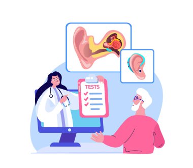 Çevrimiçi Odiyolog ENT-Doctor Yaşlı Emekliler İçin Danışmanlık. Sağır-Yardım, Havacılık, Otitik İşitme Cihazı, Dijital Kulak Tedavisi. ORL Kliniği. İnternet Tıp Hastanesi Teşhisi. Vektör İllüstrasyonu