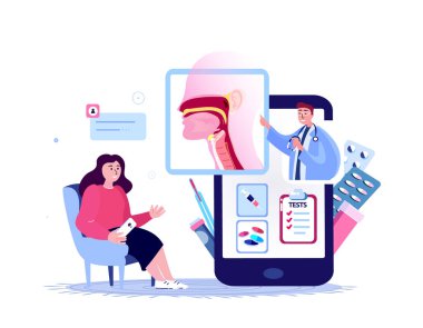 Online ENT-Doctor Consultate Hospital. Enflamasyon, burun, boğaz. Tonsilis, Ağrıyan Boğaz, Gırtlak, Anjin, Sinüzit Dijital Tedavi. Ameliyathane. Internet Home Medical Hospital Teşhisi. Vektör İllüstrasyonu