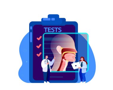 ENT-Doctors Profesörleri Anjin Enflamasyonunu İnceledi. Testler, Analiz, Burun, Boğaz. Tonsilis, Larynx, Sinüzit. Klinik Araştırma. Tıp Konseyi Teşhisi. Vektör İllüstrasyonu