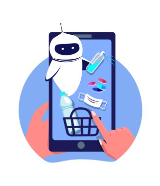 Coronavirus salgını karantinası. hop Online, Chatbot Cyber Smartphone Mobil Uygulaması. Dijital Eczane, Eczane, Eczane. Buy Mask, Antiseptik, İlaç, İlaç, Diyalog Yardım Servisi. Flat Vector Illustration