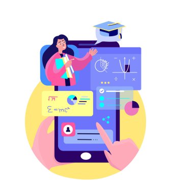 Uzaktan eğitim için akıllı telefon okulu uygulaması. Çevrimiçi Eğitim Dijital Ders Kursu. Öğretmen Öğrenciye Bilgi Açıkla. Mobil Ekran. Ödev. Ev İnterneti Öğrenme. Vector Illustratio