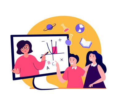 Çocuklar için Çevrimiçi Eğitim. Öğrenci Çalışması, Ödev, Öğretmen. Bilgisayar, Gelecek Teknolojisi Video Dersi. Dijital Öğrenim. Ev Okulu. Koç İnternette Öğrenciye Yardım.