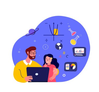 Çocuklar için Çevrimiçi Eğitim. Baba-Kız Öğrenci Çalışması, Ev ödevi, Öğretmen. Aile Dizüstü bilgisayar dersi. Dijital Öğrenim. Ev Okulu. Koç İnternette Öğrenciye Yardım.