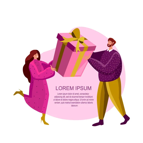 Happy Festive Woman and Man Friends, Loving Romantic Couple Giving a Present for Valentine Day, Birthday or Wedding Anniversary or Christmas. People Holding Gift. Celebration. Flat Vector Illustration