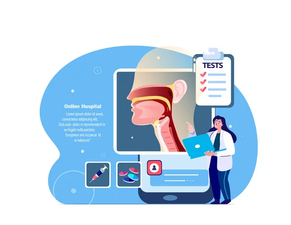 ENT-Doctor Scientist Examine Inflamed Nose,Throat. Tonsilis,Sore Throat,Larynx,Sinusitis Digital Treatment.Online Smartphone Consultation. Medical Internet Diagnostics. ORL Clinic. Vector Illustration