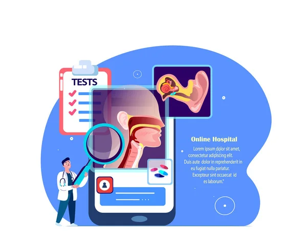 ENT-Doctor Scientist Examine Ear,Nose,Throat.Tonsilis,Sore Throat,Otitis,Larynx,Sinusitis Digital Treatment.Online Smartphone Consultation. Medical Internet Diagnostics. ORL Clinic.Vector Illustration