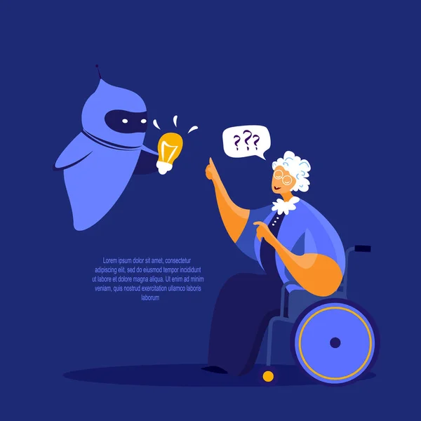 Old Disabled Handicapped Pensioner Woman in Wheelchair Chat with Chatbot Application. Cyber Robot Helps Giving Online Infrormation Artificial Intelligence. Dialog help service Flat Vector illustration