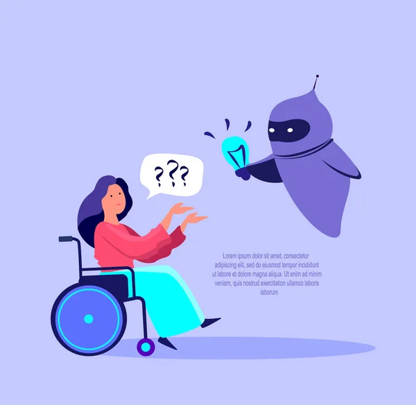 Disabled Handicapped Woman Wheelchair Chat Chatbot Application Cyber Robot Helpt — Stockfoto