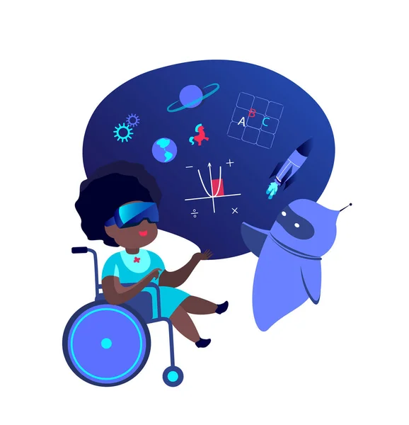 Virtual Reality.Disabled Handicapped Girl in Wheelchair Study, Wear VR Headset.Get Education.Future technology.Online learning. Smart Cyber Robot Help Pupils Teach in Internet.Flat vector illustration