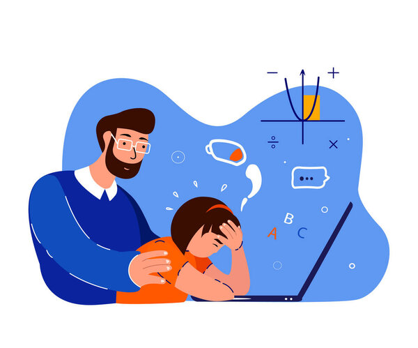 Tired Busy Exhausted Pupil Girl Studying Online School in Laptop.Father Support,Maintain Daughter.Depressed Teenager.Dad Protect Teen Child Student.No energy.Fatigue,Weakness. Flat Vector Illustration