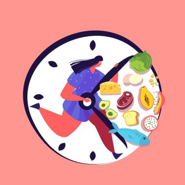 Perhiz konsepti. Saatte koşan adam sağlıklı yemek yemek için zaman kolluyor. Çocuk belli aralıklarla beslenme disipliniyle kilo vermeye çalışıyor. Biyohack elementi. Düz vektör illüstrasyonu