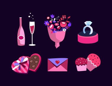 Sevgililer Günü Romantik Yemek, Randevu, Evlilik Yüzüğü, Sevgililer Günü Zarfı, Kalp Şekeri Balonu, Şampanya, Tatlı Çikolata Şekeri. Davetiye, Broşür Vektörü İllüstrasyonu