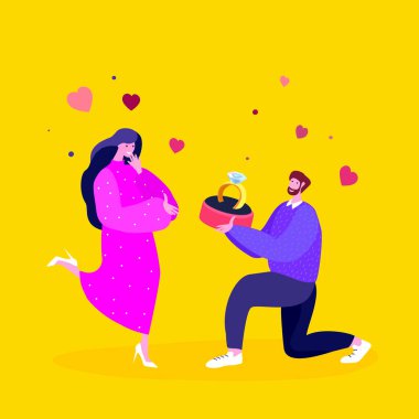 Mutlu Gülümseyen Genç Adam Diz çöküp, Mücevher Yüzüğü takıp Sevgililer Günü 'nde Sevgililer Günü için Kız Arkadaşa Teklif Yapıyor. Romantik Çifti Sevmek Sevgililer Günü Tatilini Kutla. Düz Vektör İllüstrasyonu