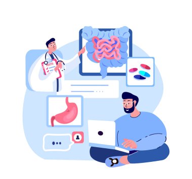 Doktor Danışman Hasta, Mide Ache, Bağırsak Bozukluğu. İnternette Sanal Sanal Ağrı Yönetimi. Dijital Danışmanlık Tıp Hastanesi Teşhisi. Hizmet, Tedavi. Düz Vektör İllüstrasyonu