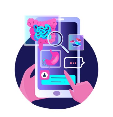 Mide Ache, Bağırsak Bozukluğu Yönetimi Mobil Uygulaması. Klinik Danışmanlık Smartphone Tıp Hastanesi. İnternet Online Teşhis. Dijital Yardım Servisi, Tedavi. Düz Vektör İllüstrasyonu