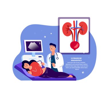 Nefrolog Ultrason Doktor Sonograf, Muayene Tanısı Hasta Böbreği, Renal, Nephros. Ultrason Araştırması. Araştırma Tedavisi. Tıbbi Teşhis. Düz Vektör İllüstrasyonu.
