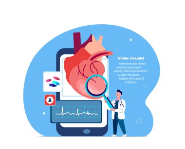 Çevrimiçi Doktor Kardiyolog Araştırmacısı, Tedavi Kalp Kardiyogramı, Florografi Danışmanlığı. Teşhis Mobil Uygulaması. Klinik Akıllı Telefon Tıbbi Hastanesi. Atardamar Tedavisi. Vektör İllüstrasyonu