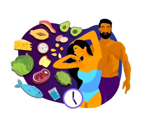 Intermittent Fasting and Sport concept. Young Athletic Muscular Healthy couple man woman, nutrient-enriched food eating. Lose weight, lifestyle, fitness discipline. Biohacking Flat vector illustration