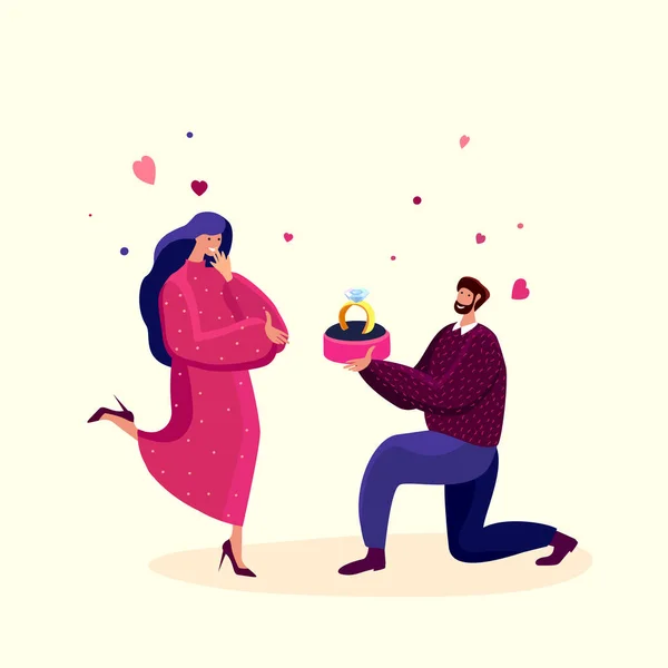 Love Engagement, Betrothal Proposal. Young Man Stand on Knee with Wedding Ring Making Offer to Woman Asking her Marry him. Hearts around. Surprise. Marriage Concept. Cartoon Flat Vector Illustration.