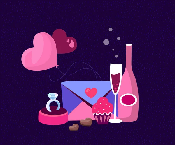 Valentine\'s Day Set of Festive Romantic Elements for Romantic Dinner,Dating. Valentine Envelope,Heart Shape Balloon,Champagne,Sweet,Wedding Ring.Flyer, Invitation, Brochure, Banner Vector Illustration