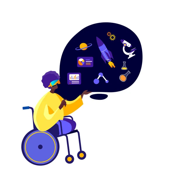 Virtual Reality. Disabled Handicapped African dark Skinned Footless Man in Wheelchair Study,Wear VR Headset.Get Education. Future technology. Internet Online learn Pupil Teach.Flat vector illustration