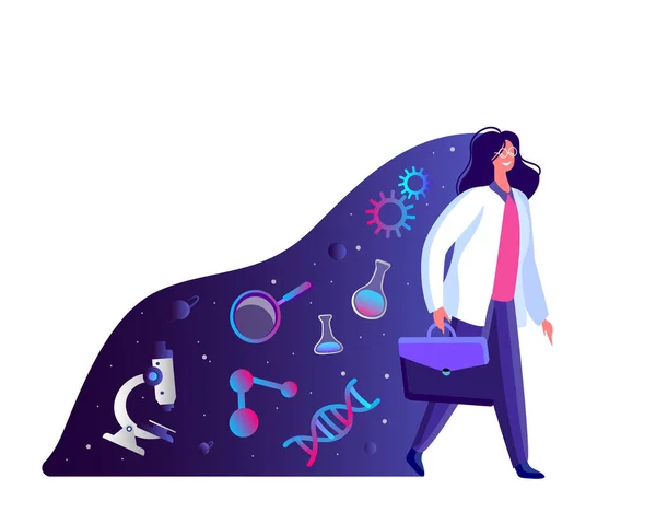 Female Scientist Lab Coat Walking Laboratory Space Tail Scientific Genetical — 스톡 사진