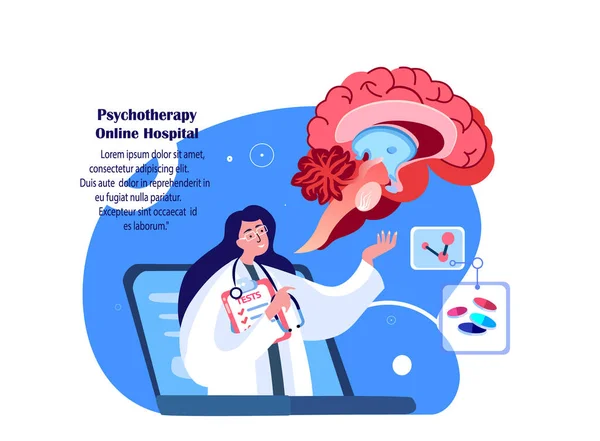 Online Hospital Website.Brain Diseases Curing,Psychiatrist Internet Consultation.Digital Neurosurgeon,Brain Medicine.Cancer Tumor Research.Internet Diagnostic.Medical Clinic Treatment.Flat Illustratio