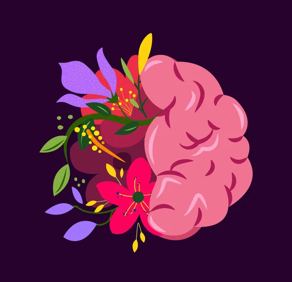 美しい花脳システム 小脳構造花解剖学内部組織 神経生物学組織 小脳の健康 解剖学明るい健康脳 ハーブ自然 フラットベクトルイラスト — ストック写真