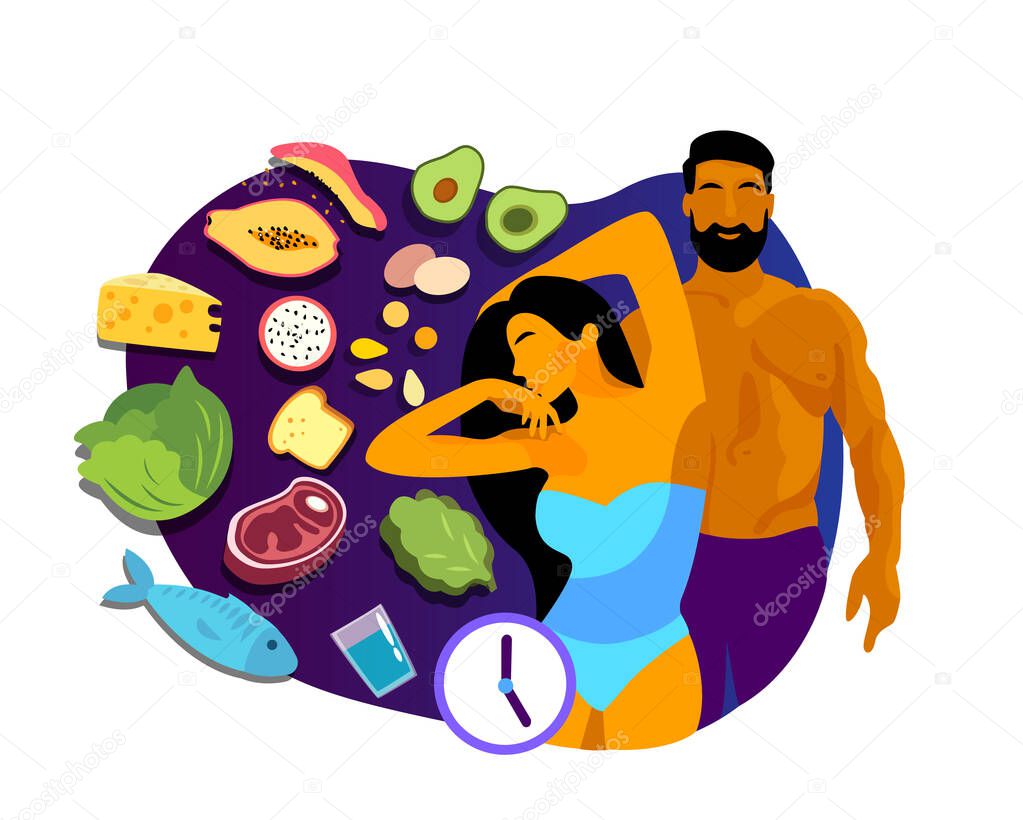 Intermittent Fasting and Sport concept. Young Athletic Muscular Healthy couple man woman, nutrient-enriched food eating. Lose weight, lifestyle, fitness discipline. Biohacking Flat vector illustration