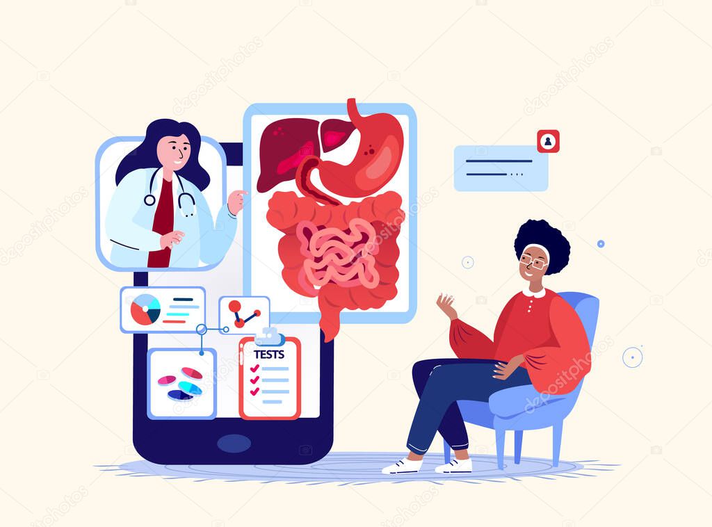 Online Doctor Gastroenterologist Consultate Patient in Smartphone Application.Gastrointestinal Tract,Stomach,Intestines,Hepatic Curing.Diagnostic Mobile Medical Hospital.Digital Treatment.Illustration
