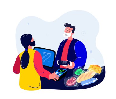 COVID, Coronavirus salgını karantinası. Süpermarkette Maskeli Genç Kadın Alışveriş. Tüketim, Kontrol. Terminal üzerinden Alıcı Ödemesi. Düz vektör illüstrasyonu