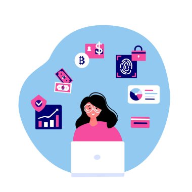 İnternetteki Laptop Finans Bilgileri Çalışan Kız Öğrenci. Çevrimiçi Eğitim. Kripto para ticareti kursları, Kripto ticareti. İşletme Fakültesi Öğrenme Grafikleri, Grafikleri. Düz vektör illüstrasyonu